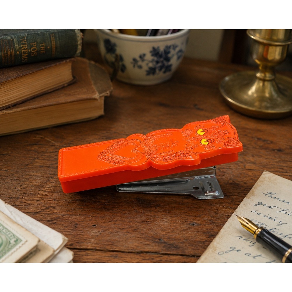 Vintage Orange Cat Stapler 4" Novelty Desk Accessory Yellow Eyes Retro Office